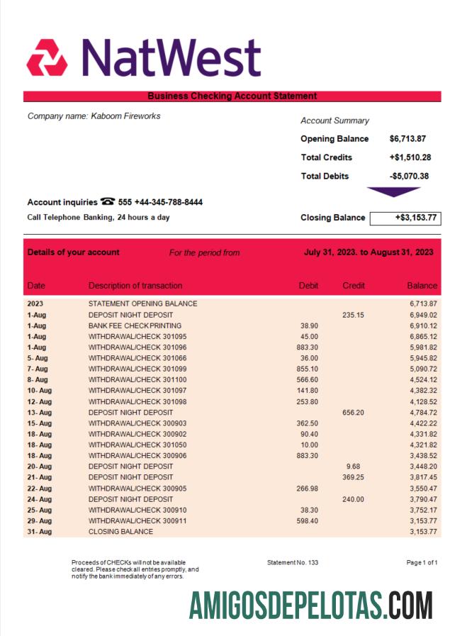 Em branco Extrato de conta corporativa do NatWest Bank modelo Word e PDF
